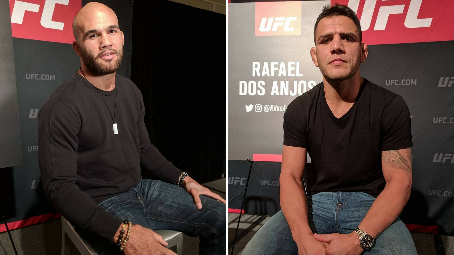 兩名男性UFC拳手坐在品牌背景板前參加記者會。