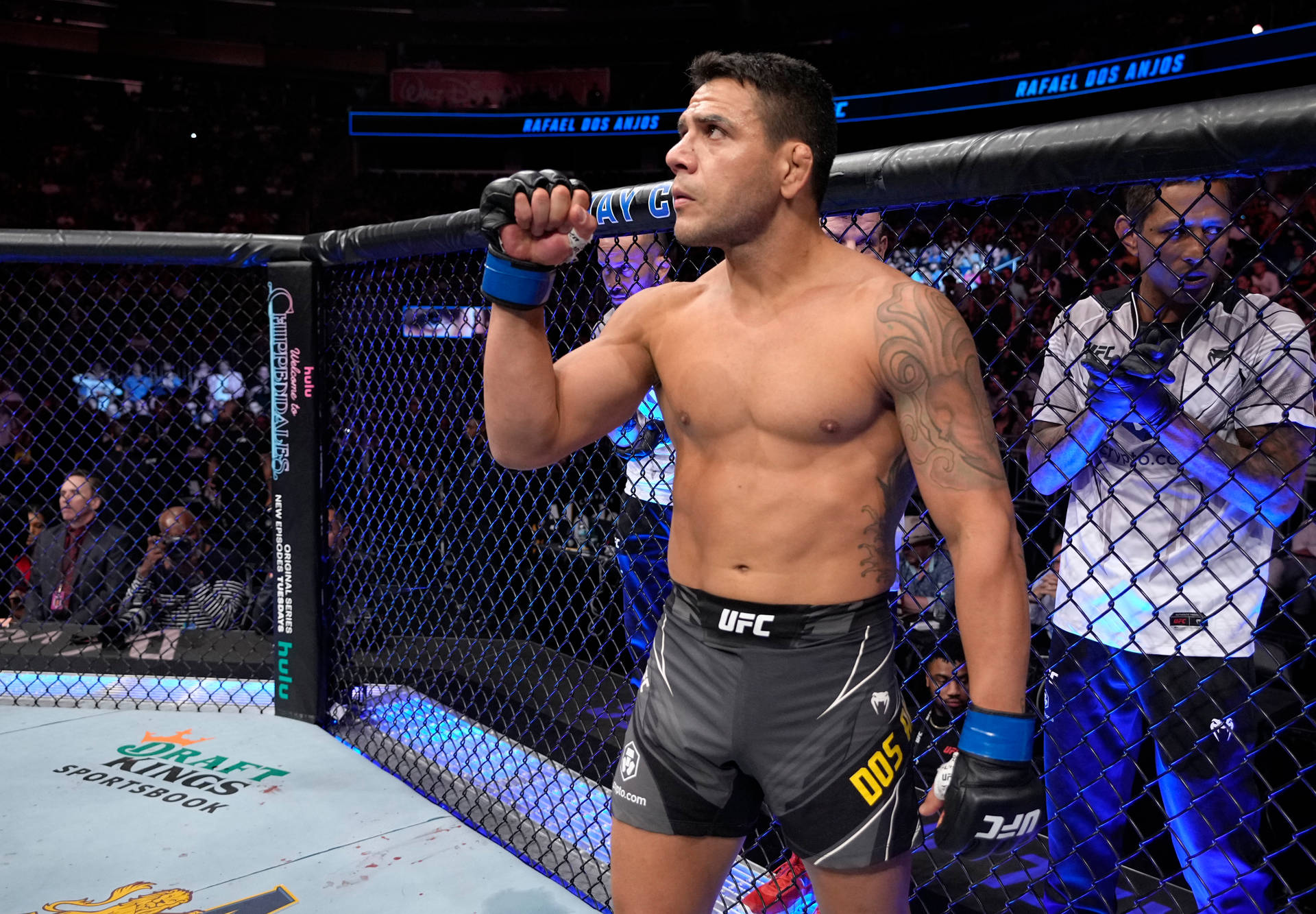 UFC拳手在八角籠內舉起拳頭慶祝勝利。