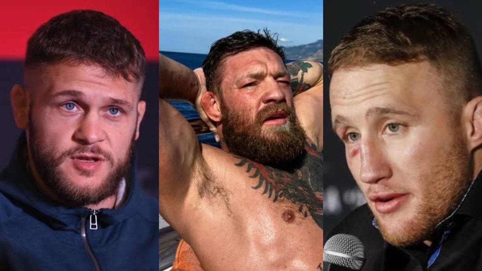 拉斐爾·菲茲耶夫與UFC明星合照 壁紙 — 三個充滿鬥志的男性戰士特寫肖像，展現決心與疲憊。