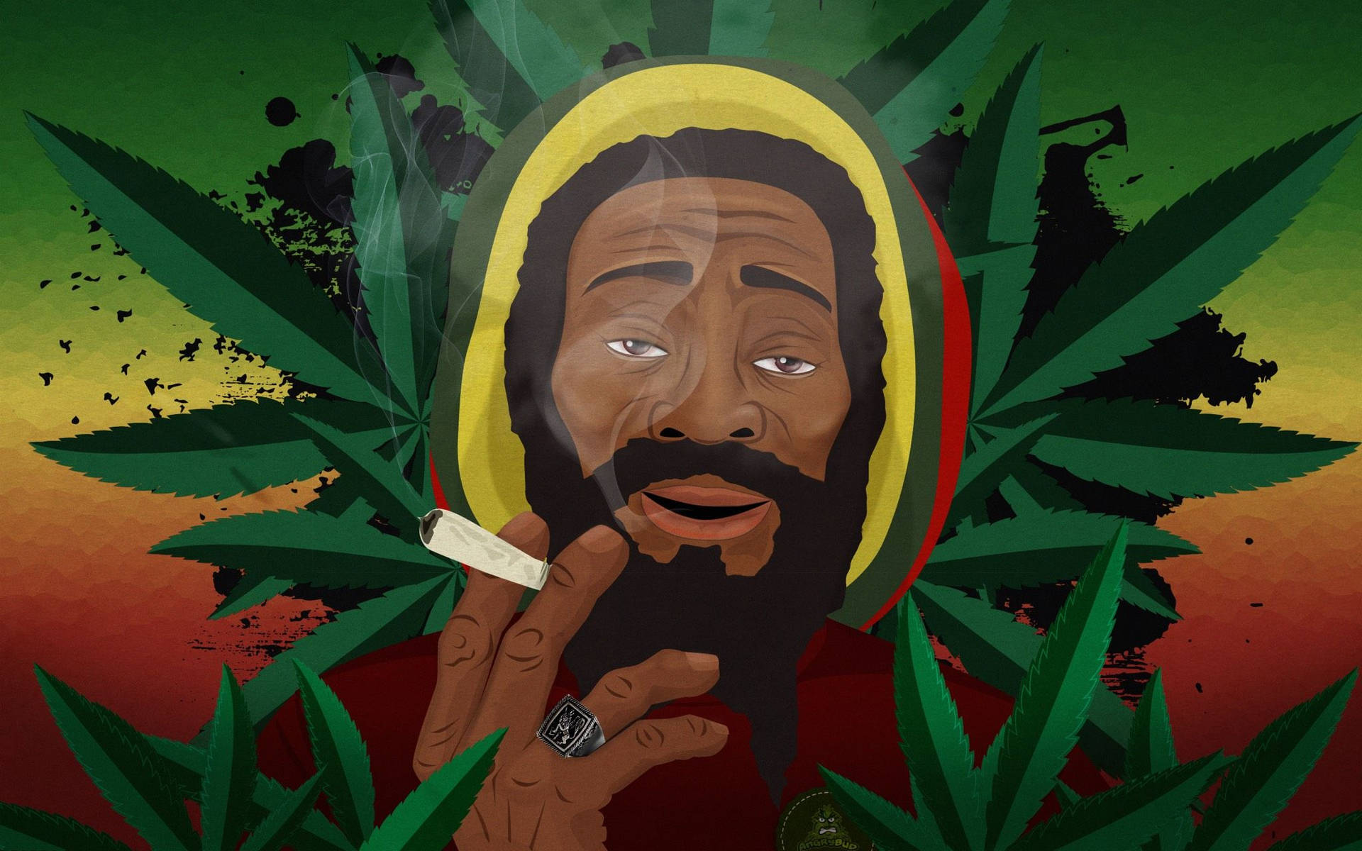 戴拉斯特法里帽的男人手持大麻煙，周圍環繞著大麻葉。