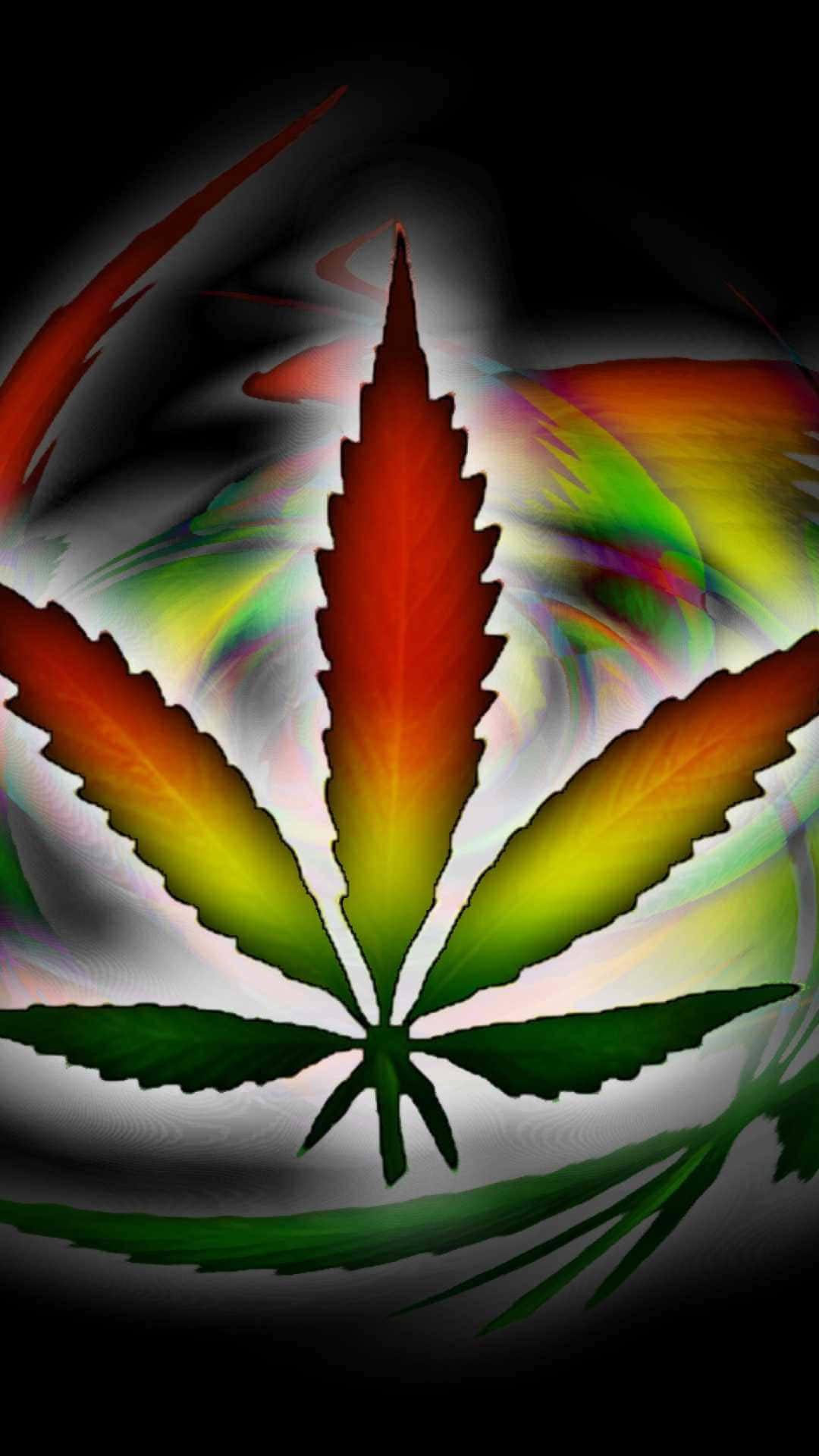 在黑暗旋轉背景中發光的彩虹大麻葉。