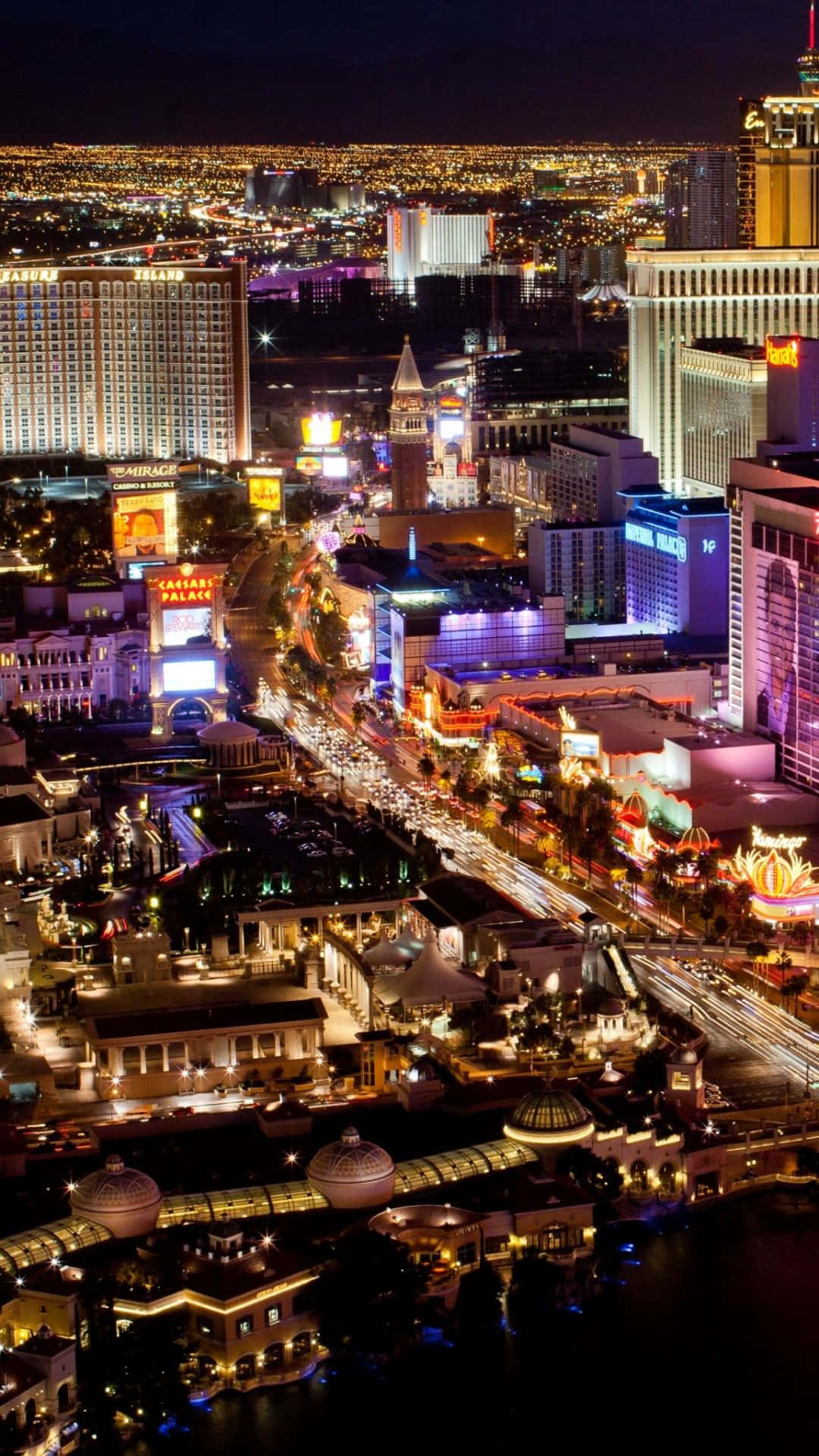 夜晚的拉斯維加斯大道，燈火輝煌，街道繁忙。