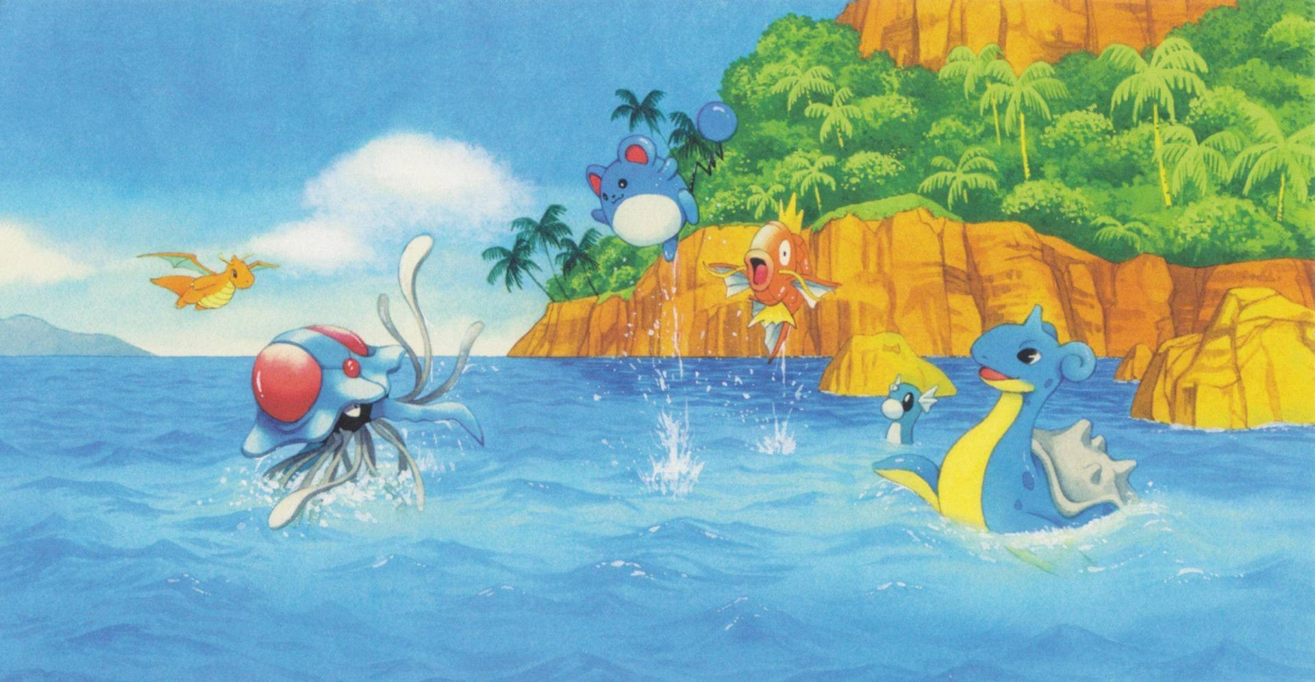 Pokémon角色喺熱帶島嶼懸崖附近嘅海洋中玩耍。