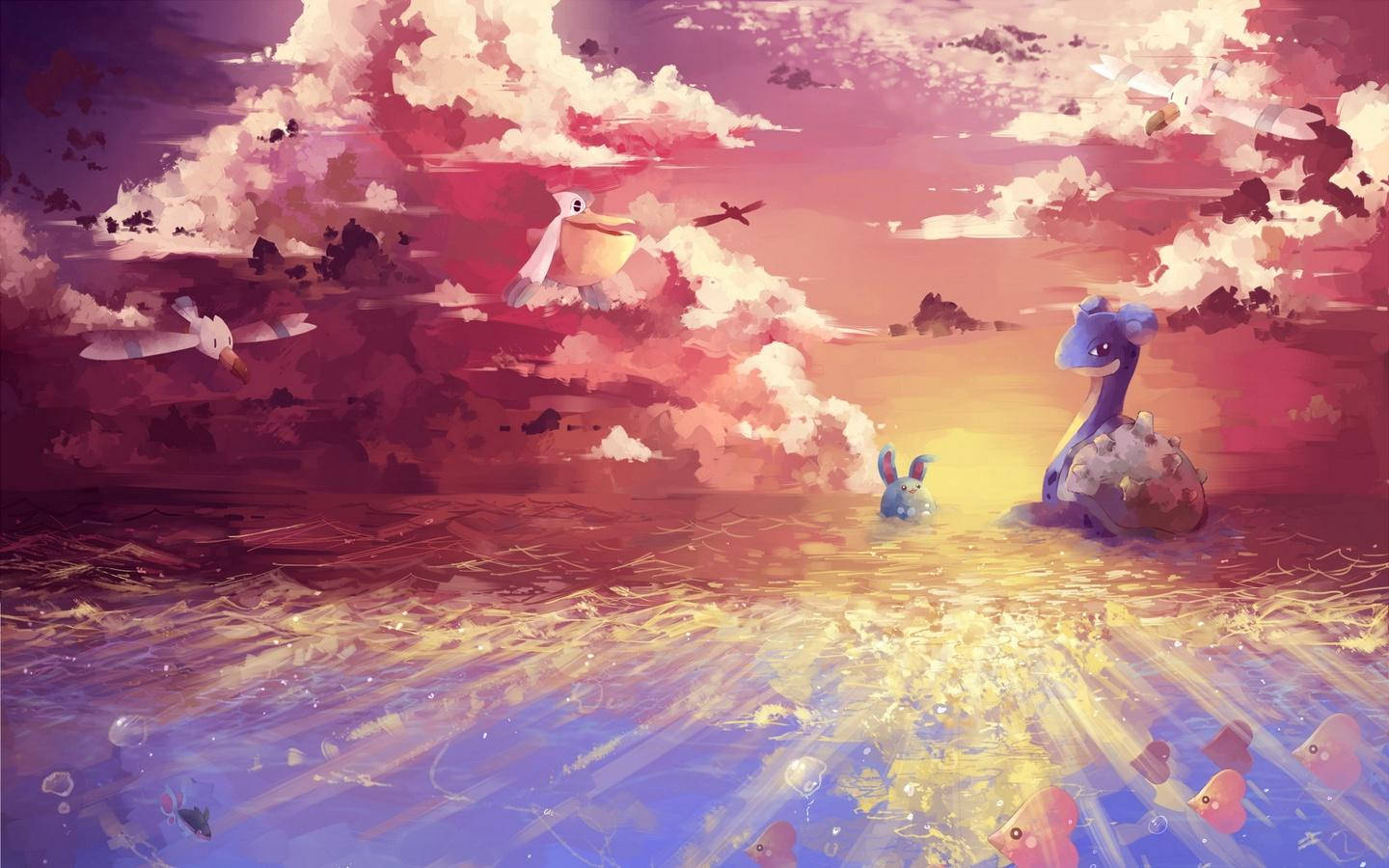 卡通生物在閃爍的水面上，夢幻般的日落天空中漂浮和飛翔。