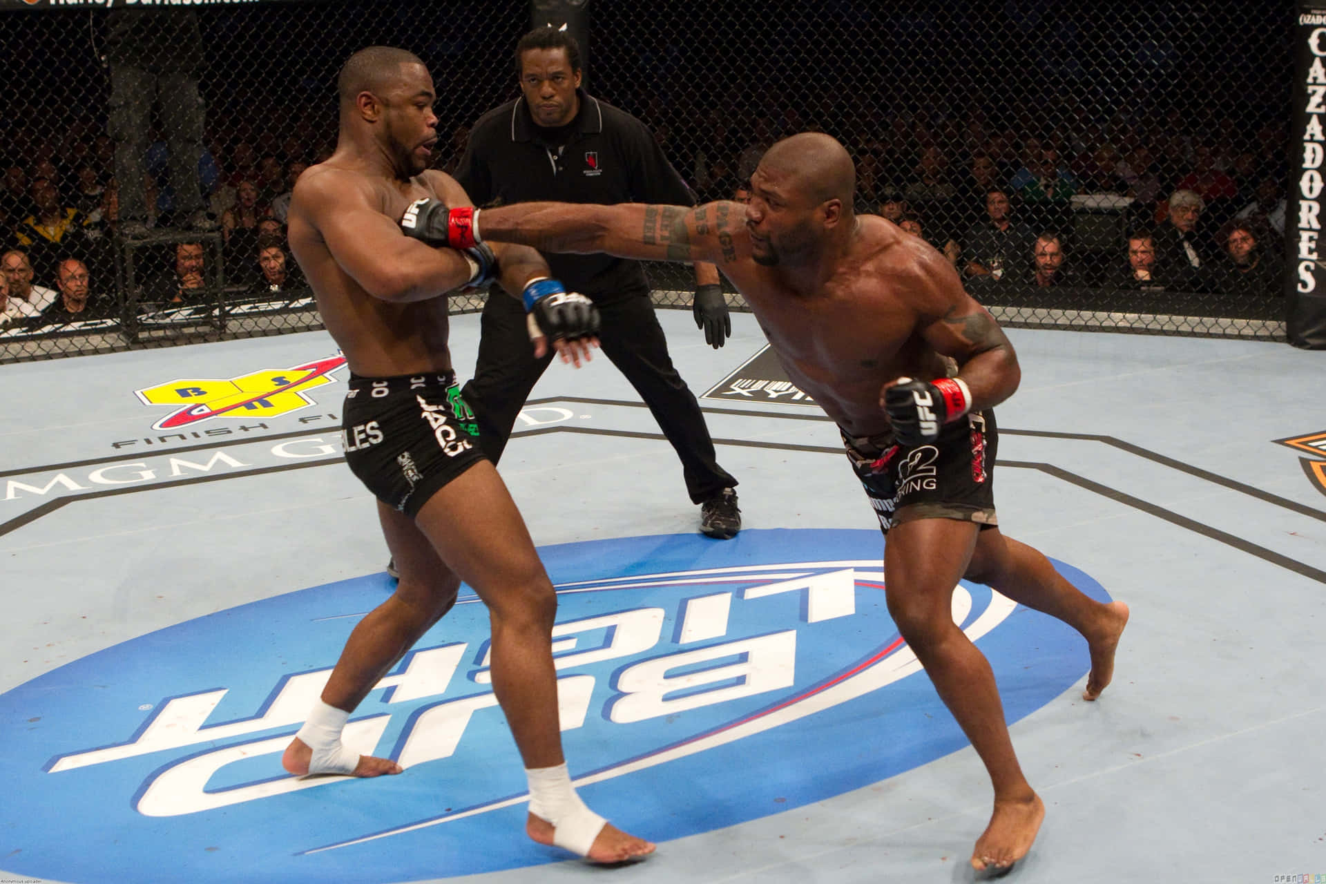 兩名MMA拳手在UFC八角籠內互毆，裁判和觀眾在旁觀看。