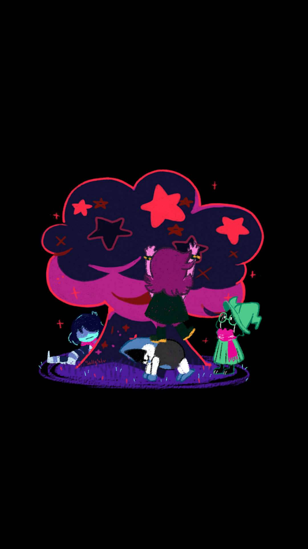 拉爾西樹星 壁紙 — 三個風格化的角色聚集在一個充滿紅色星星的發光粉紅色雲朵下，背景為黑色。