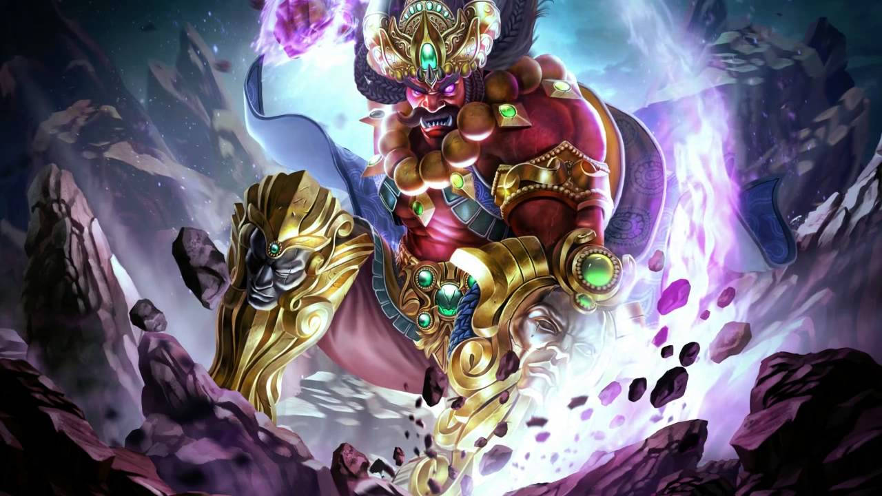 穿著金色盔甲的兇猛惡魔王在岩石宇宙戰場中揮舞紫色能量武器