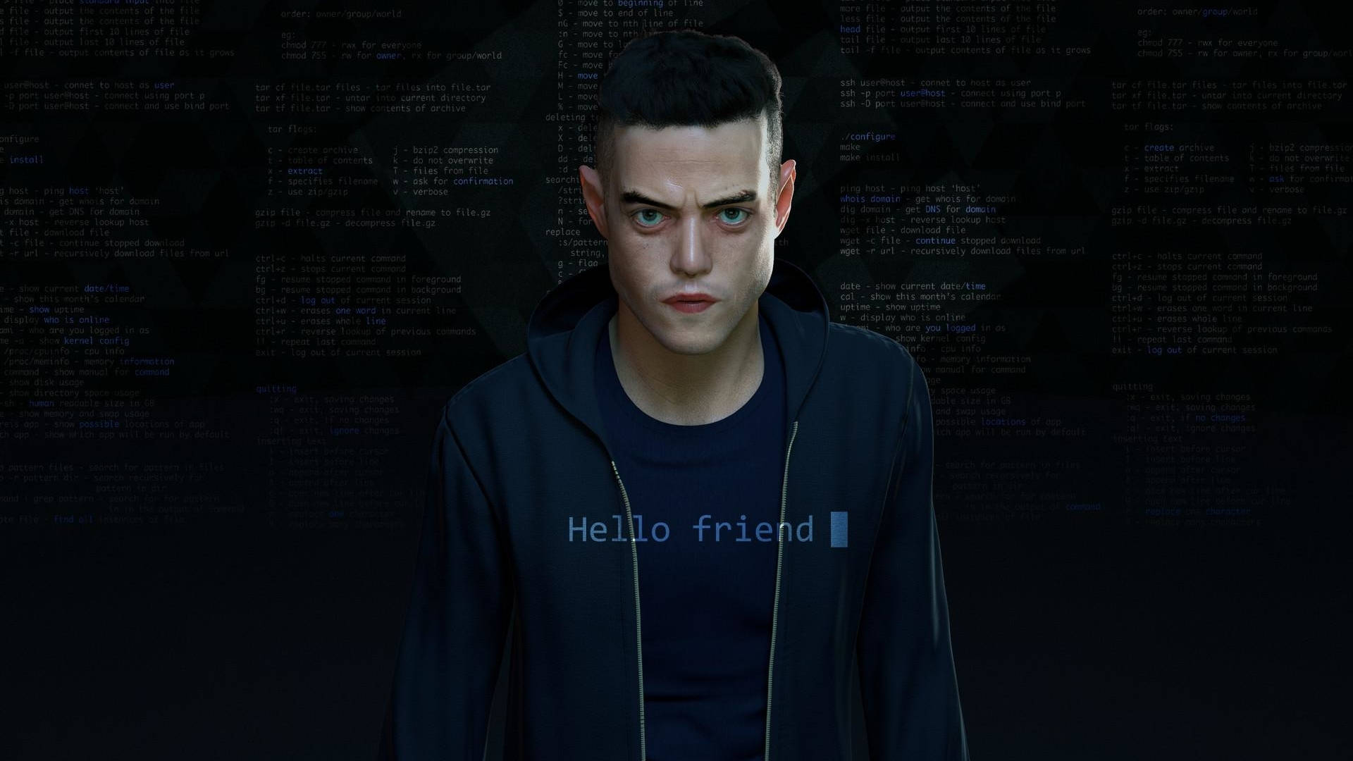 一個穿著深色連帽衫的男子，身後有發光的代碼，襯衫上寫著「Hello friend」。