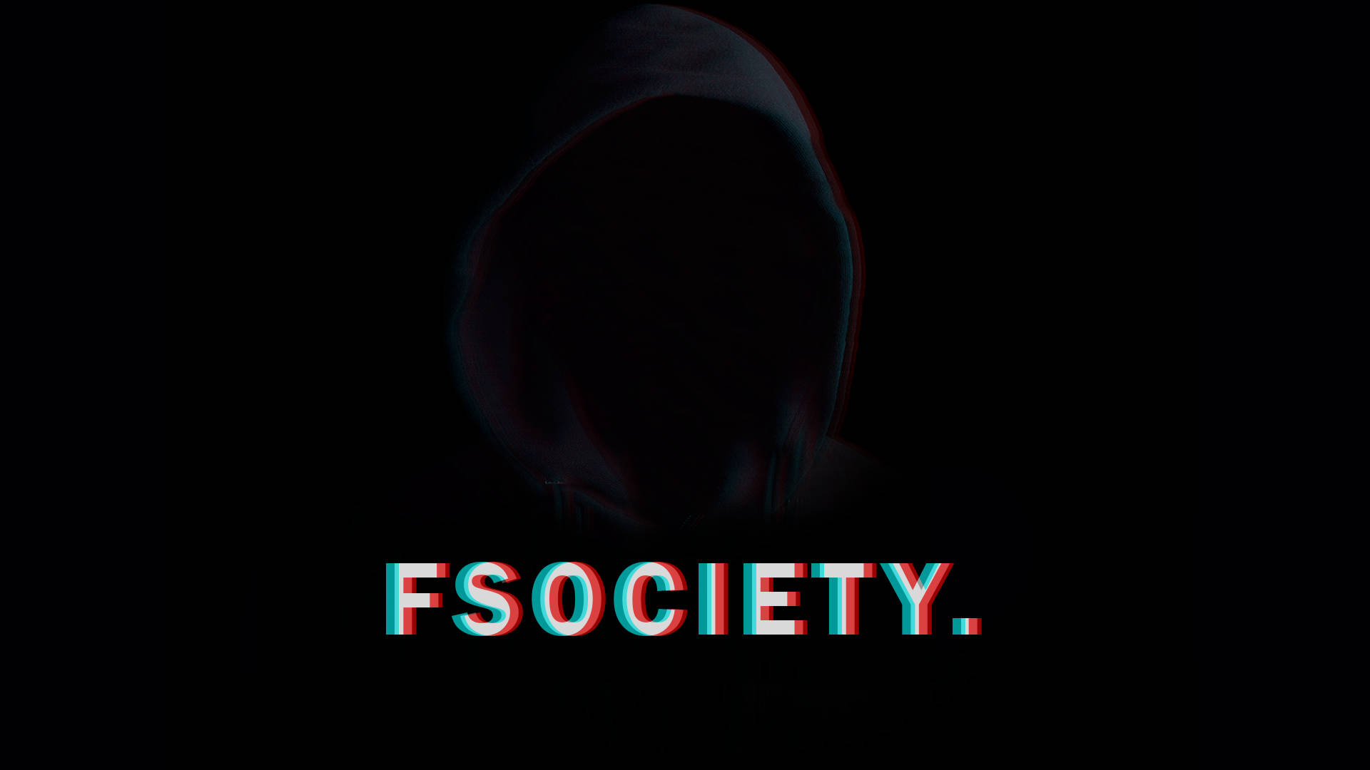 拉米·馬勒克Fsociety宣傳海報 壁紙 — 一個陰影兜帽人物在黑色背景上微弱發光，帶有 'FSOCIETY.' 文字，呈現故障風格的紅色和青色。