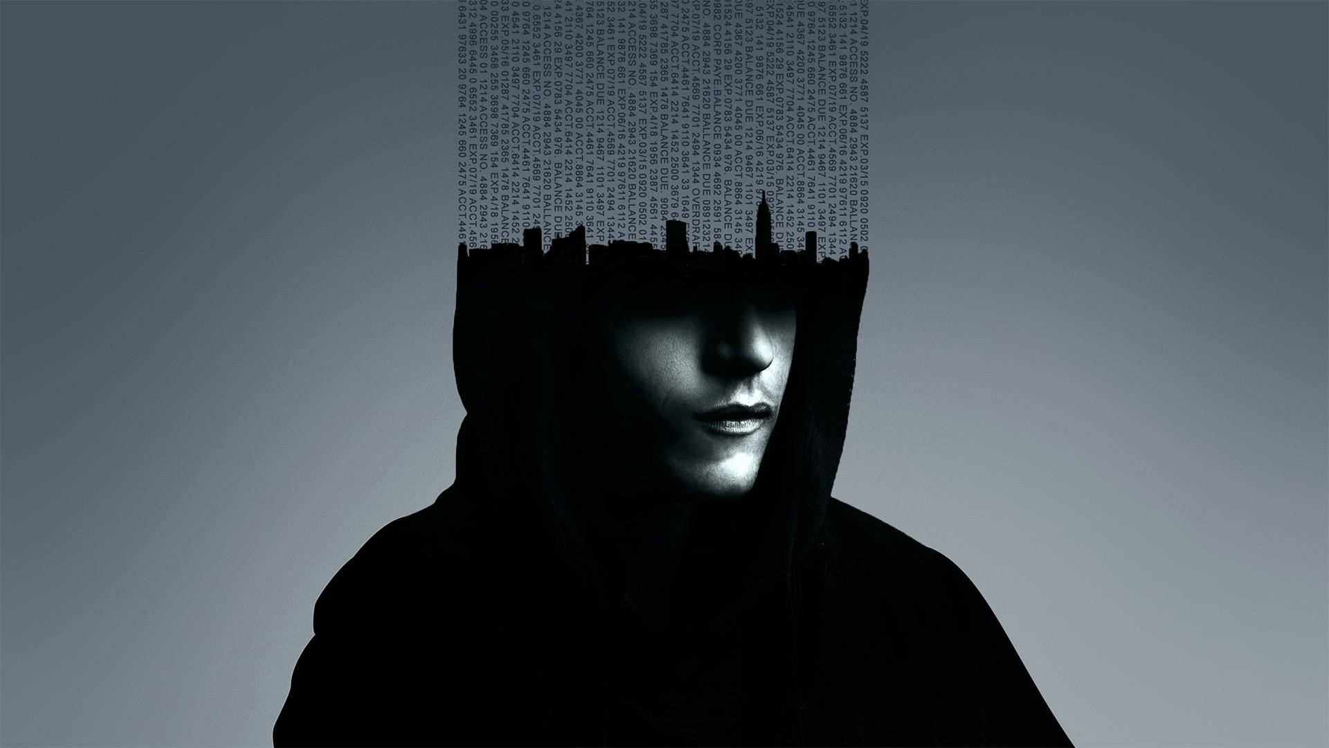 拉米·馬勒克抽象藝術畫作 壁紙 — 一個戴著連帽衫的人物，頭部是城市天際線的剪影，上方有數位代碼如瀑布般流下，背景是漸變灰色。