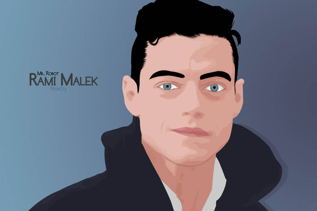 Rami Malek 飾演 Mr Robot 的肖像，身穿黑色外套，背景為藍色。