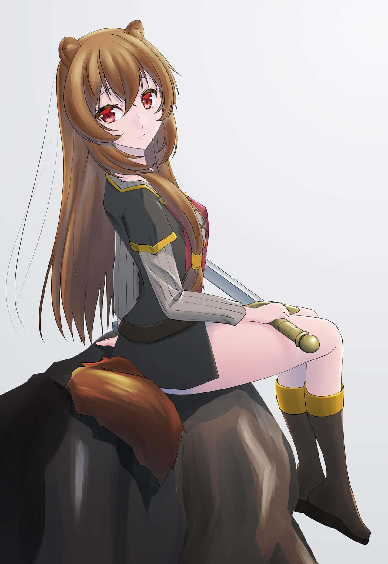 拉菲塔莉亞——勇敢的盾之勇者 壁紙 — 動漫女孩，棕色頭髮，紅色眼睛，自信地坐著，手持劍，背景簡單。