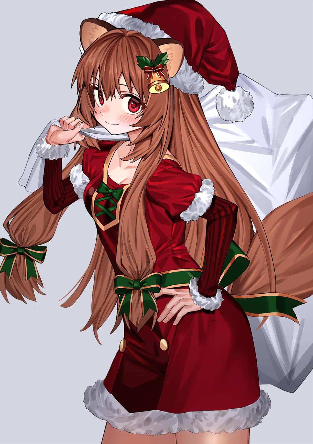 拉菲塔莉亞——強大的盾之勇者 壁紙 — 擁有狐狸耳朵和尾巴的動漫女孩穿著紅色聖誕老人服裝，拿著勺子靠近嘴巴。