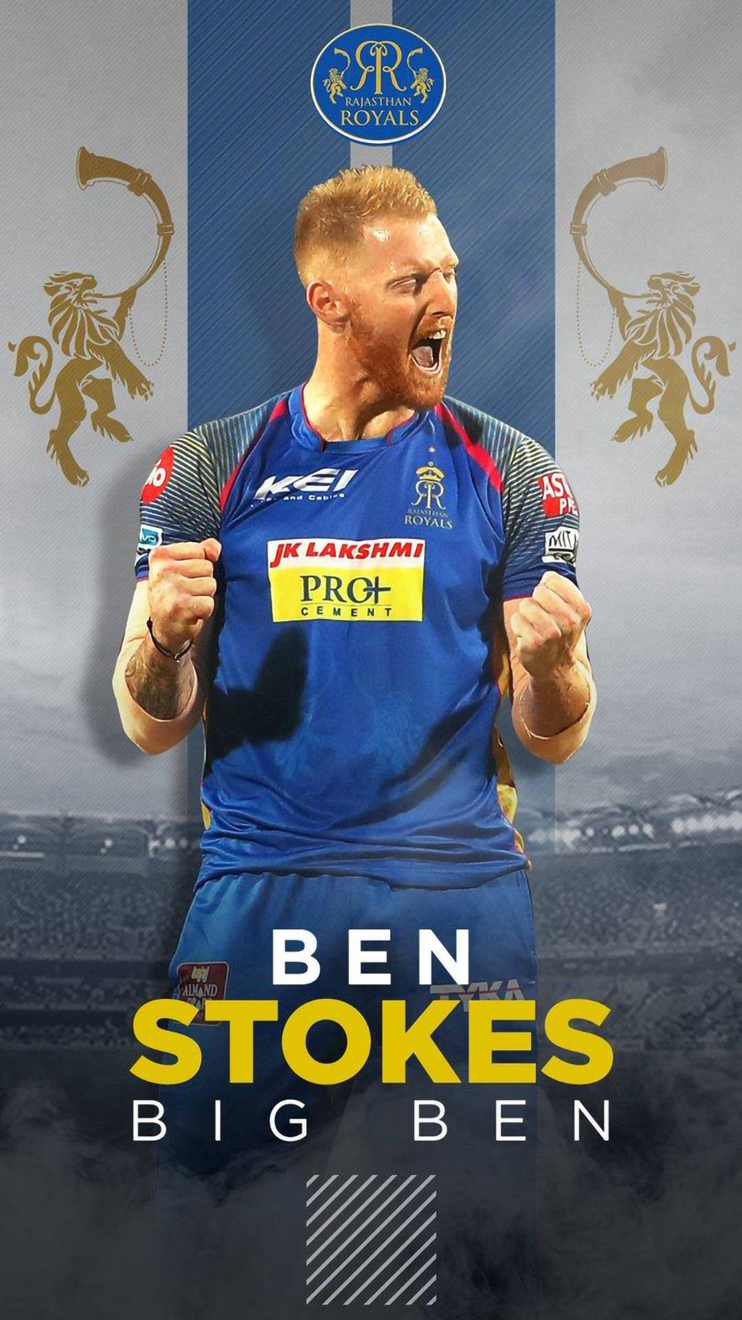 拉賈斯坦皇家隊大本鐘 壁紙 — 板球運動員 Ben Stokes 身穿拉賈斯坦皇家隊球衣，在體育場背景下發出勝利的咆哮。