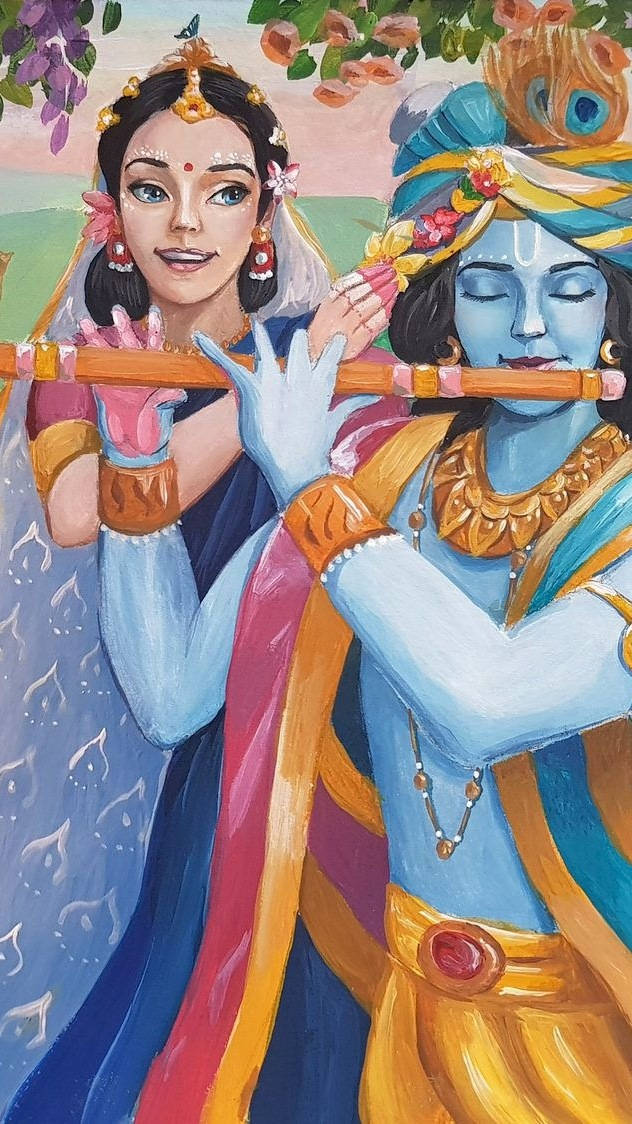 拉達-克里希那 繪畫 壁紙 — 一幅充滿活力的插圖，描繪克里希納吹奏笛子，而拉達在盛開的花朵下帶著溫柔的微笑聆聽。