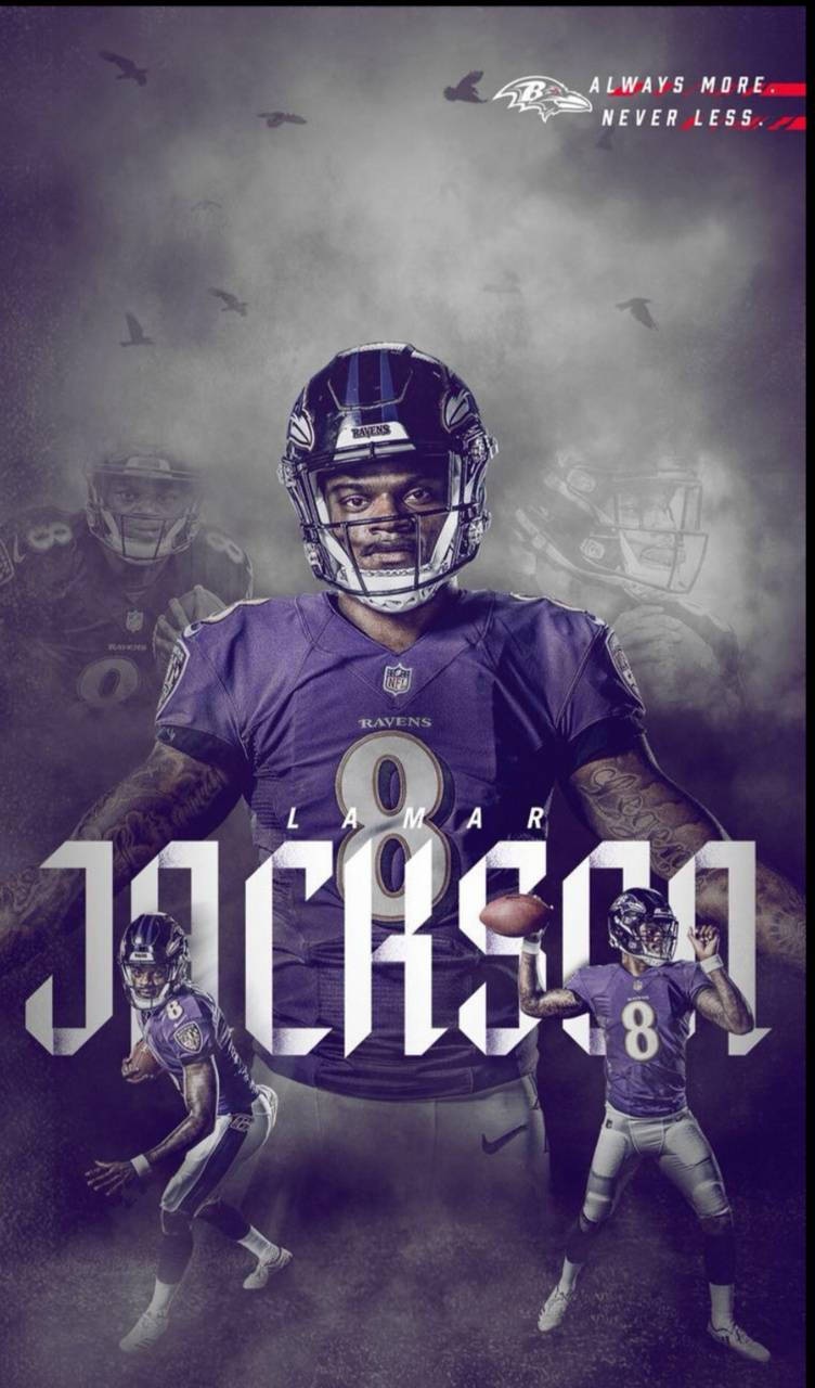 Lamar Jackson 身穿烏鴉隊制服，多個動作姿勢和粗體文字。