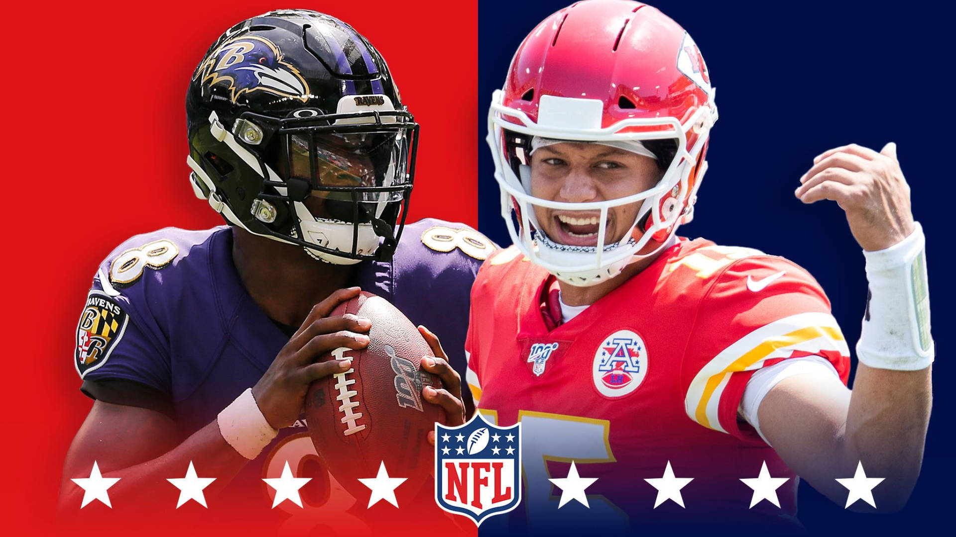 兩名NFL四分衛戴著頭盔、穿著制服，在帶有星星的紅色和藍色背景前擺姿勢。