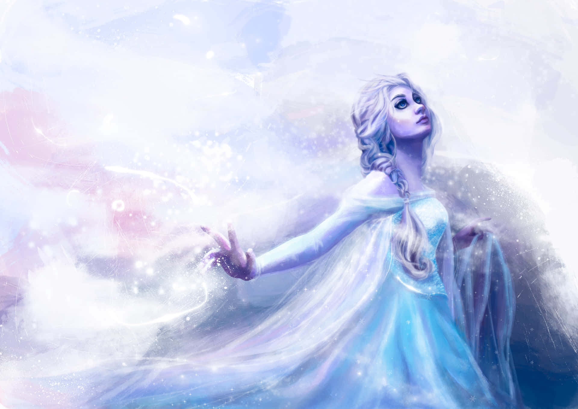 冰雪女王在雪白的奇幻場景中，用發光的手施展魔法。