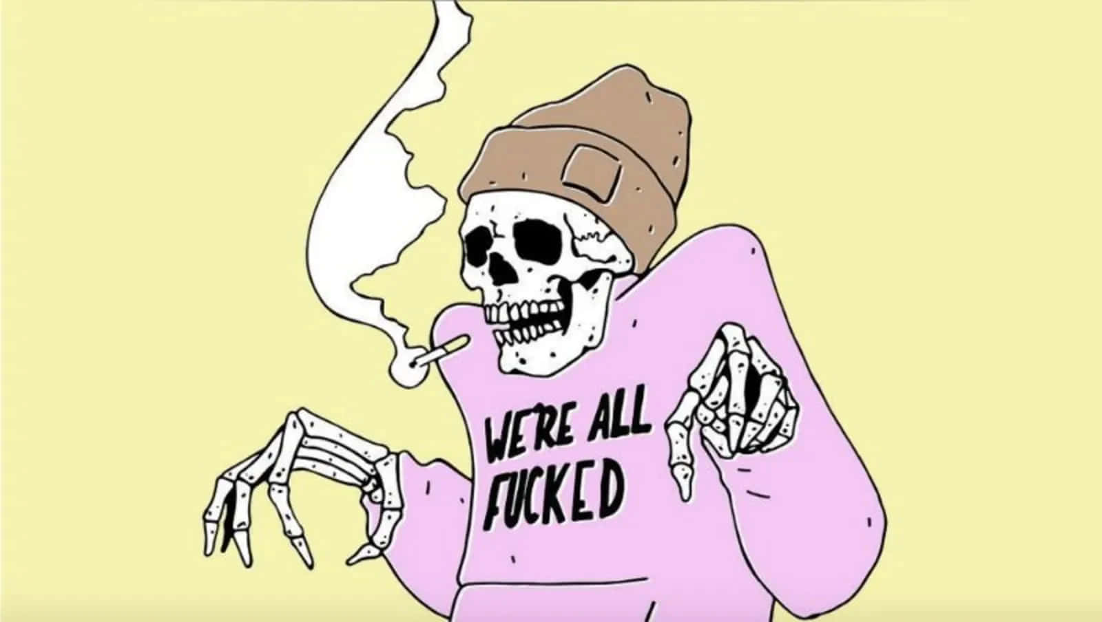 拋開陰暗思緒，笑一笑 壁紙 — 一個卡通骷髏穿著粉紅色運動衫和冷帽，吸煙並指向觀眾。