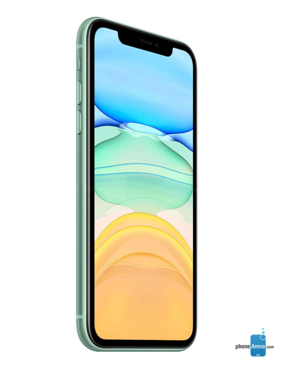 拍攝令人驚嘆的 iPhone 照片 壁紙 — 一部綠色iPhone在白色背景上顯示充滿活力的抽象壁紙，帶有流動的藍色、綠色和黃色波浪。