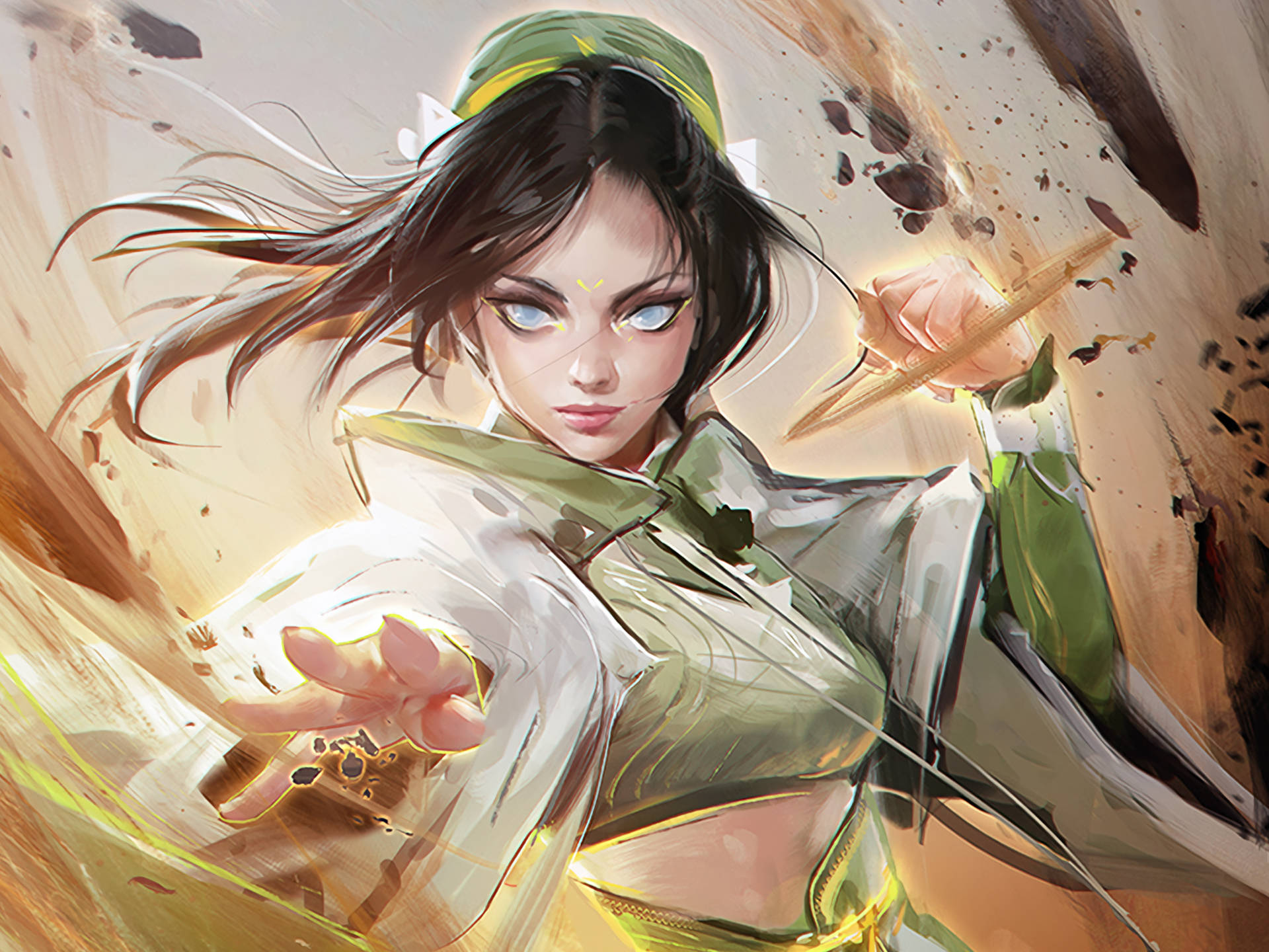 拓芙·比方用土元素 壁紙 — 一位充滿動感的動漫戰士，擁有發光的藍色眼睛和飄逸的深色頭髮，在旋轉的金色碎片中揮舞著刀刃。