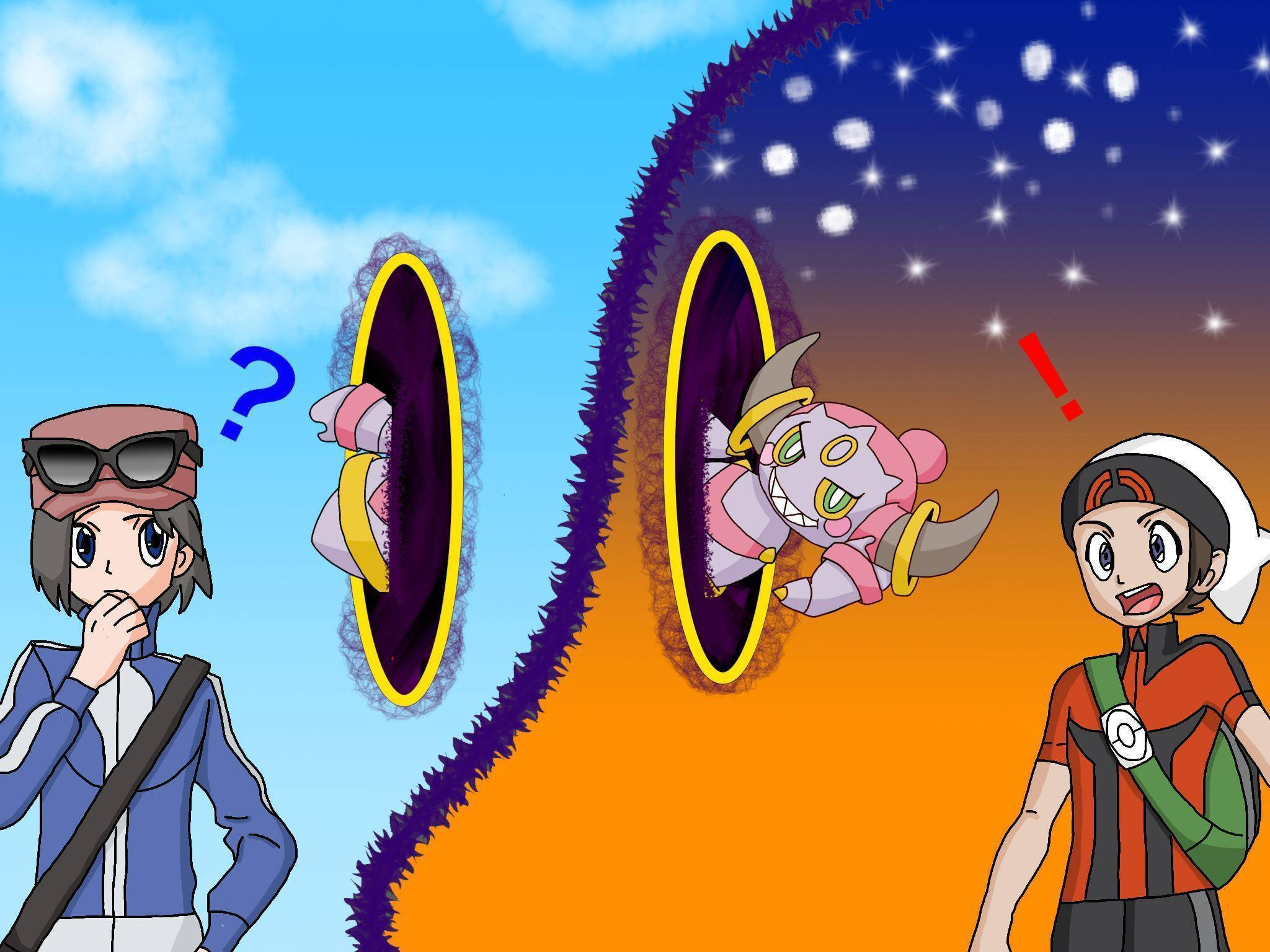 拘束的 Hoopa 電子傳送 壁紙 — 兩個動漫角色對從晝夜天空之間的傳送門中出現的粉紅色生物做出反應。