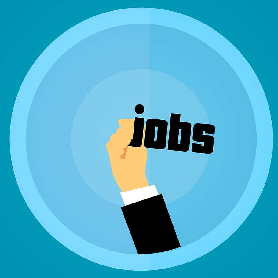 西裝袖中的手在藍色圓形背景上拿著「jobs」這個詞。