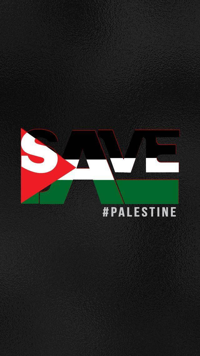 黑色皮革背景，帶有「SAVE」和巴勒斯坦國旗顏色及標籤巴勒斯坦。