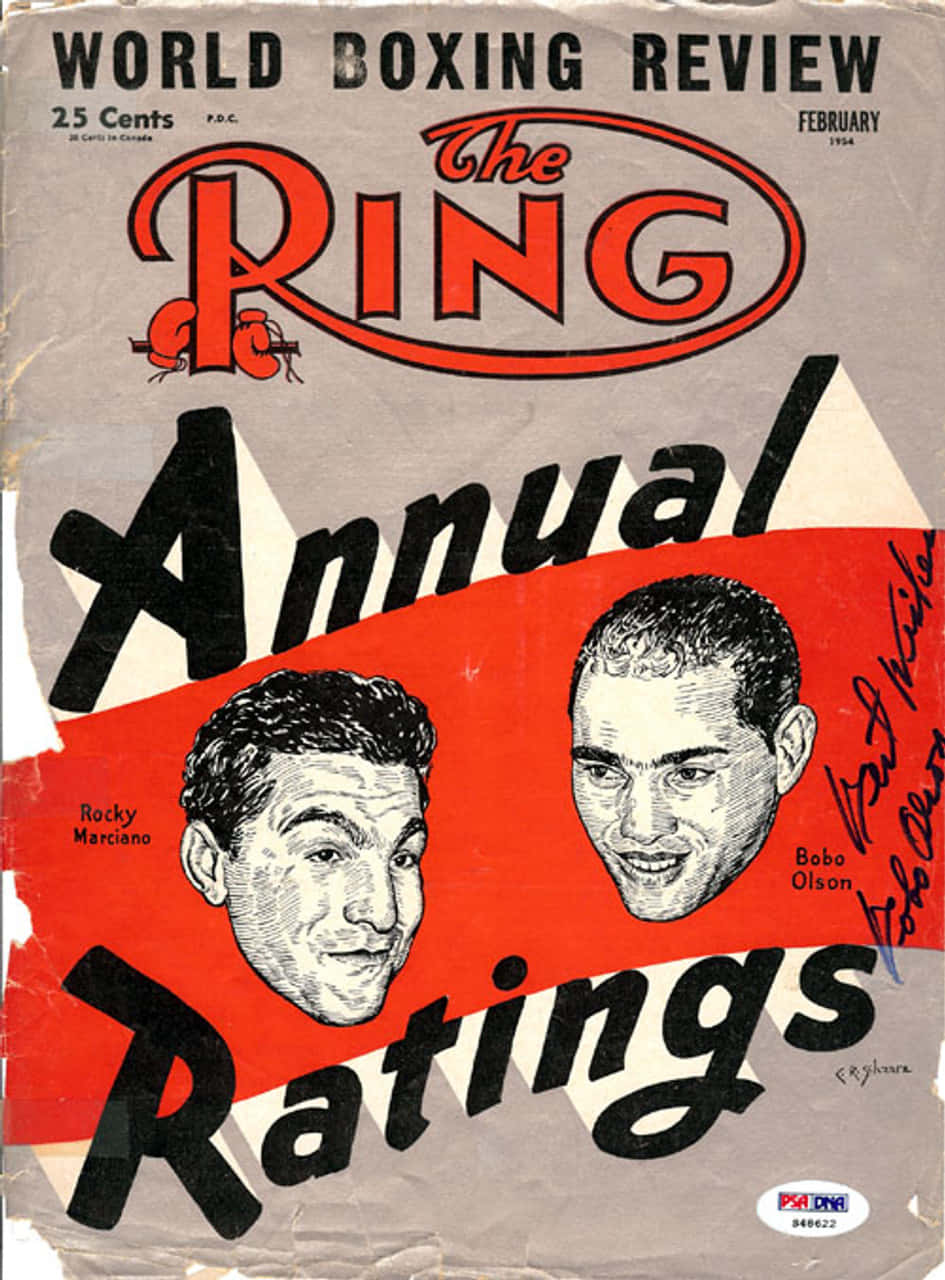 復古拳擊雜誌封面，帶有Rocky Marciano和Bobo Olson的肖像。