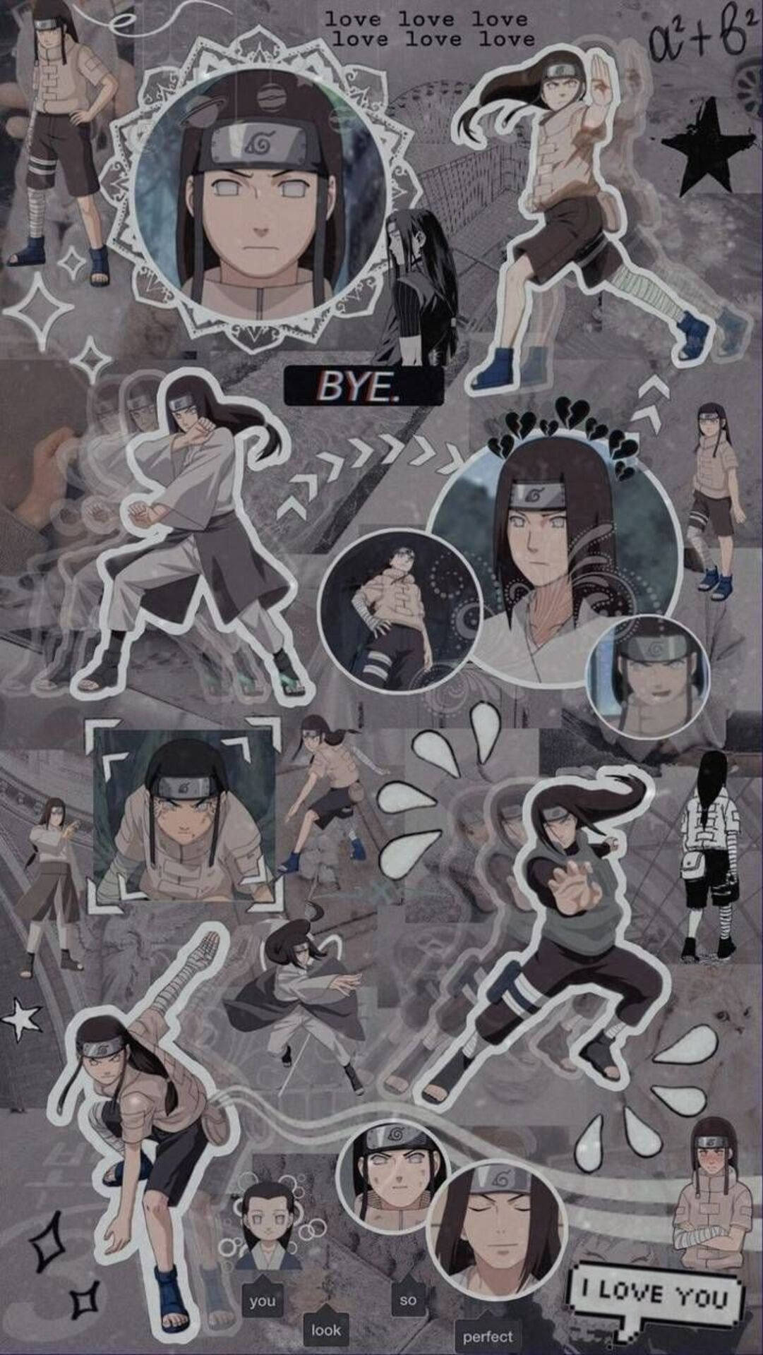 動漫角色日向雛田拼貼畫，帶有愛情訊息和數學符號。