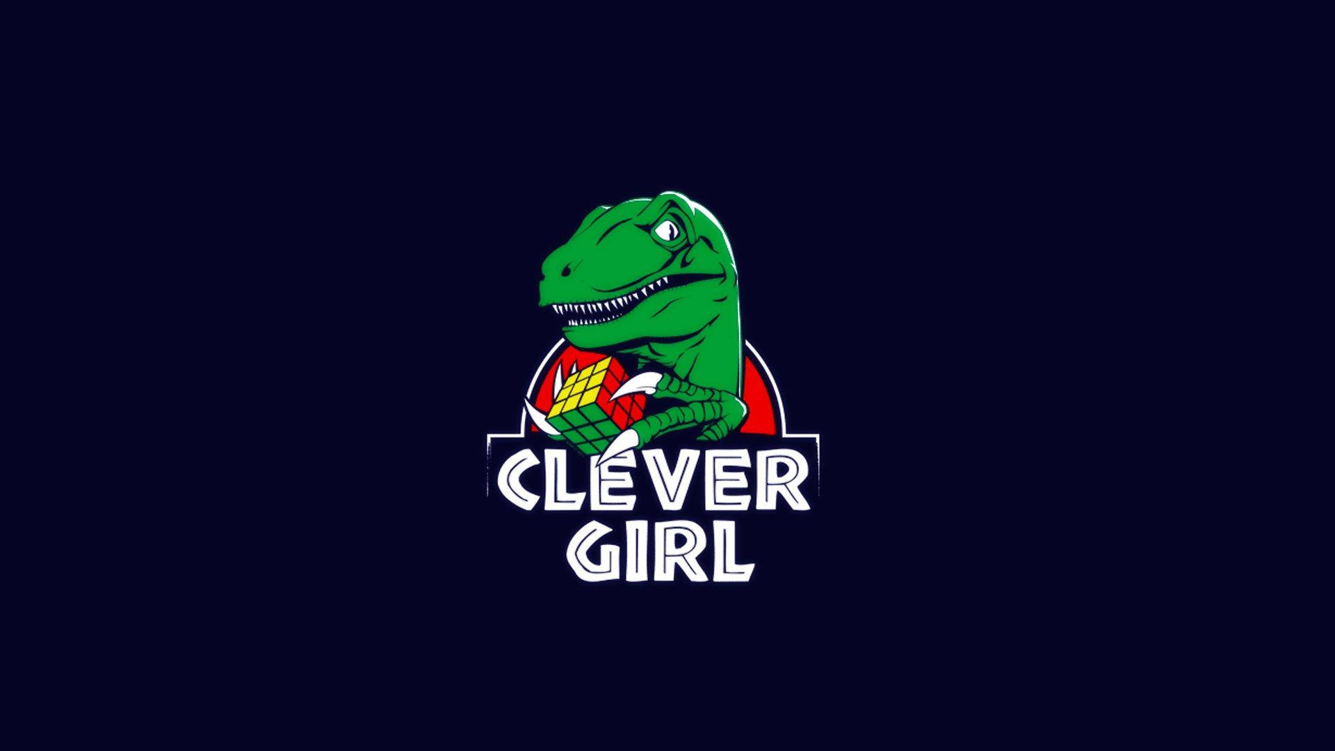 綠色卡通恐龍拿著魔術方塊，上面有文字 clever girl，背景為深藍色。