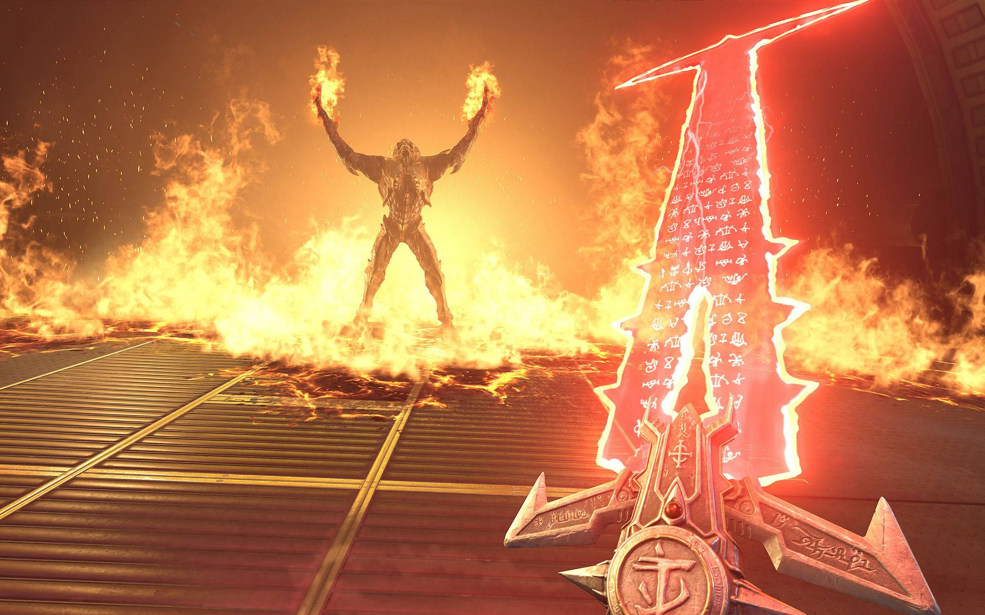 拿起 Crucible 劍，為拯救人類而戰 —— DOOM Eternal 壁紙 — 一個高大的裝甲戰士站在火焰中，舉起燃燒的雙手，旁邊是一把發光的符文劍，位於金屬平台上。