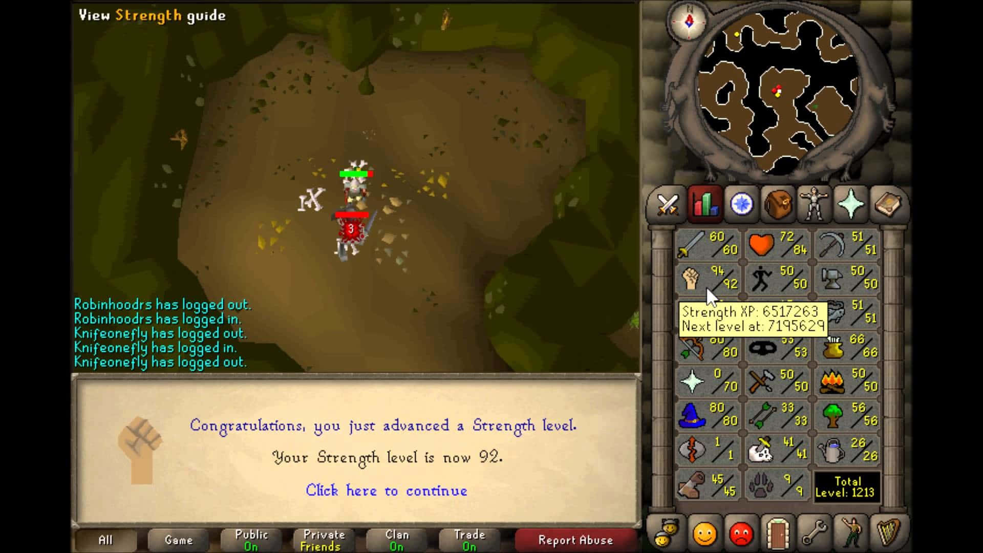 拿起劍與冒險，重溫《Runescape》經典版的童年回憶 壁紙 — 一個像素藝術RPG遊戲畫面，顯示角色使用地圖和物品欄介面提升力量等級。