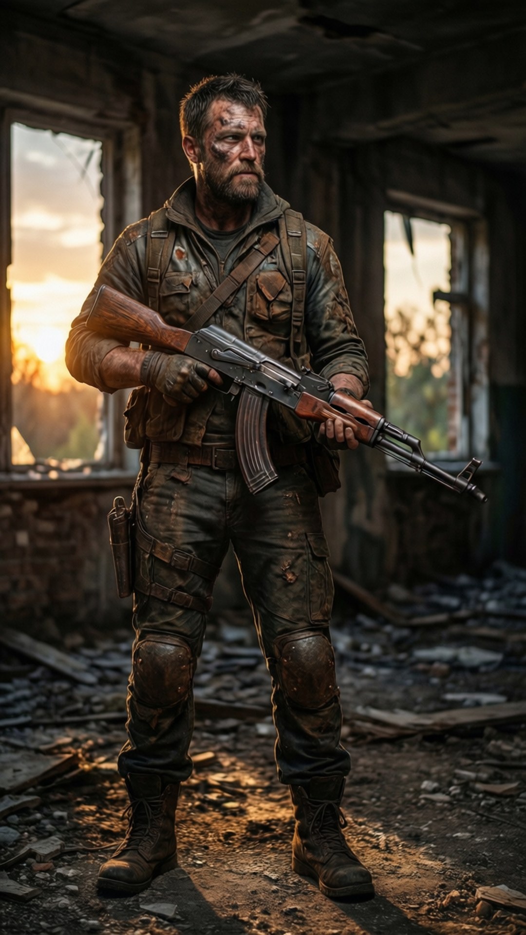 持AK的倖存者 壁紙 — 一名鬍鬚、滿臉鮮血的戰損士兵站在廢墟建築中，手持AK47，金色夕陽透過破碎的窗戶照射進來。