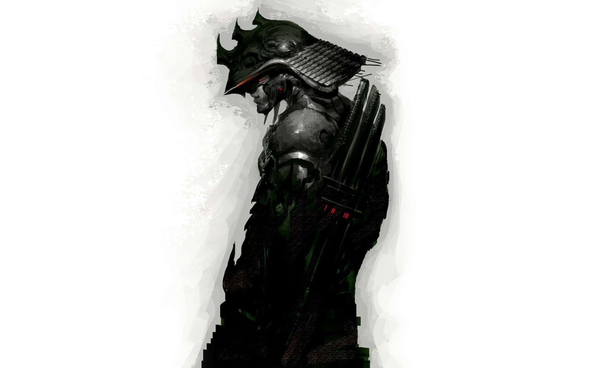 暗色盔甲武士，發光紅眼，帶刺頭盔，側面。
