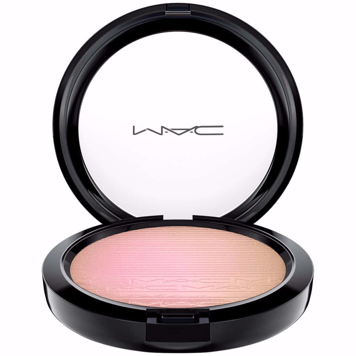 持久光采，由Mac Cosmetics打造 壁紙 — 一個時尚的開合MAC胭脂粉盒，露出柔軟的粉紅色粉末，帶有細微閃光和壓印標誌。