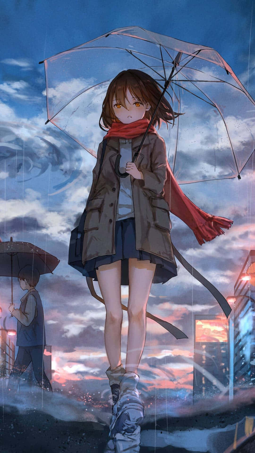 動漫女孩在暮色雨城中手持透明雨傘，戴紅色圍巾和棕色外套。