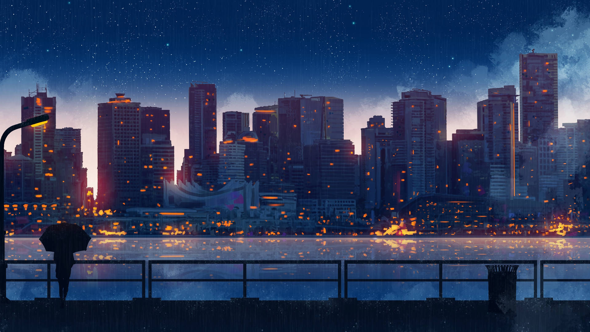 撐傘的人看著城市燈光在星空下的水面上反射