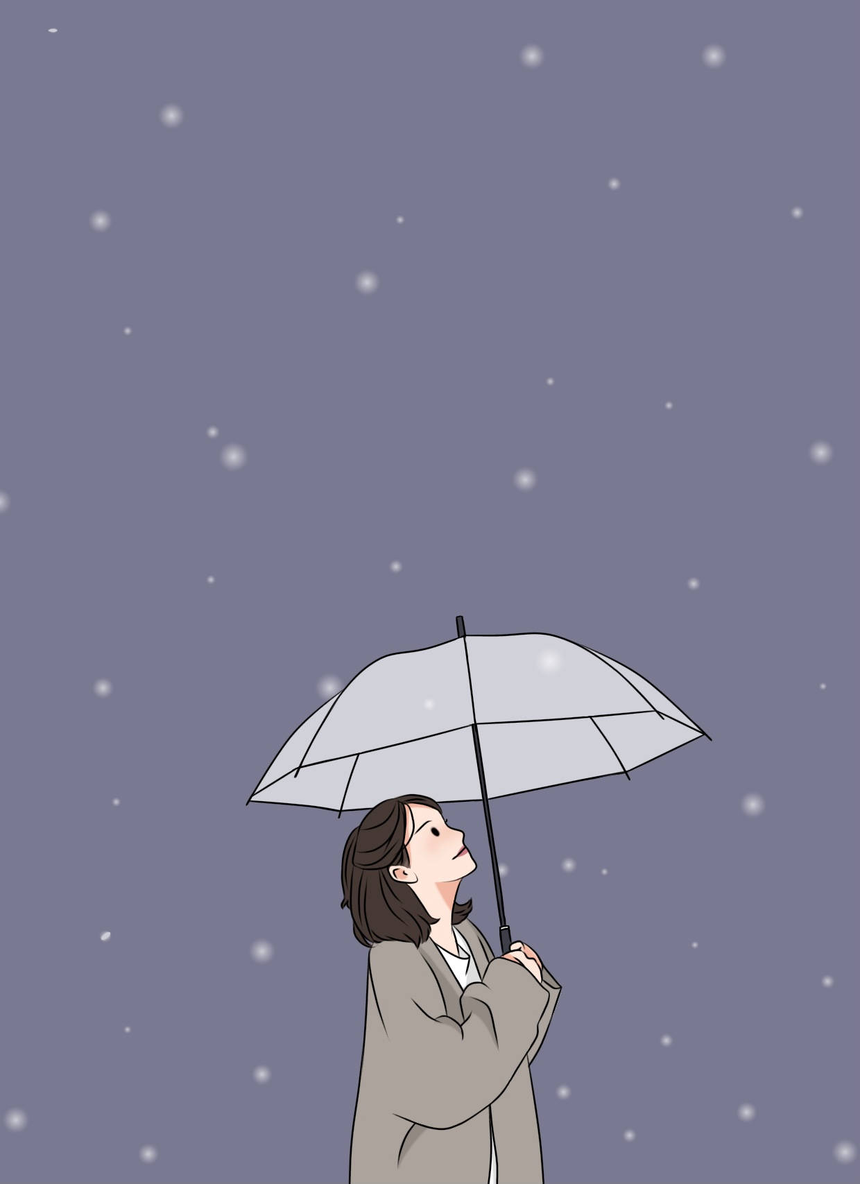 身穿米色外套的女性手持透明雨傘，仰望在紫色天空下飄落的雪花 — 美學女孩 壁紙