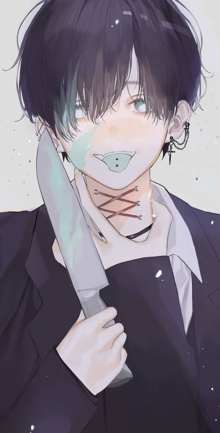 持刀男孩酷炫動漫頭像 壁紙 — 一個黑髮動漫男孩，臉頰上有一把刀，戴著十字架耳環，向上凝視，一道淡綠色的淚痕劃過他的臉龐。