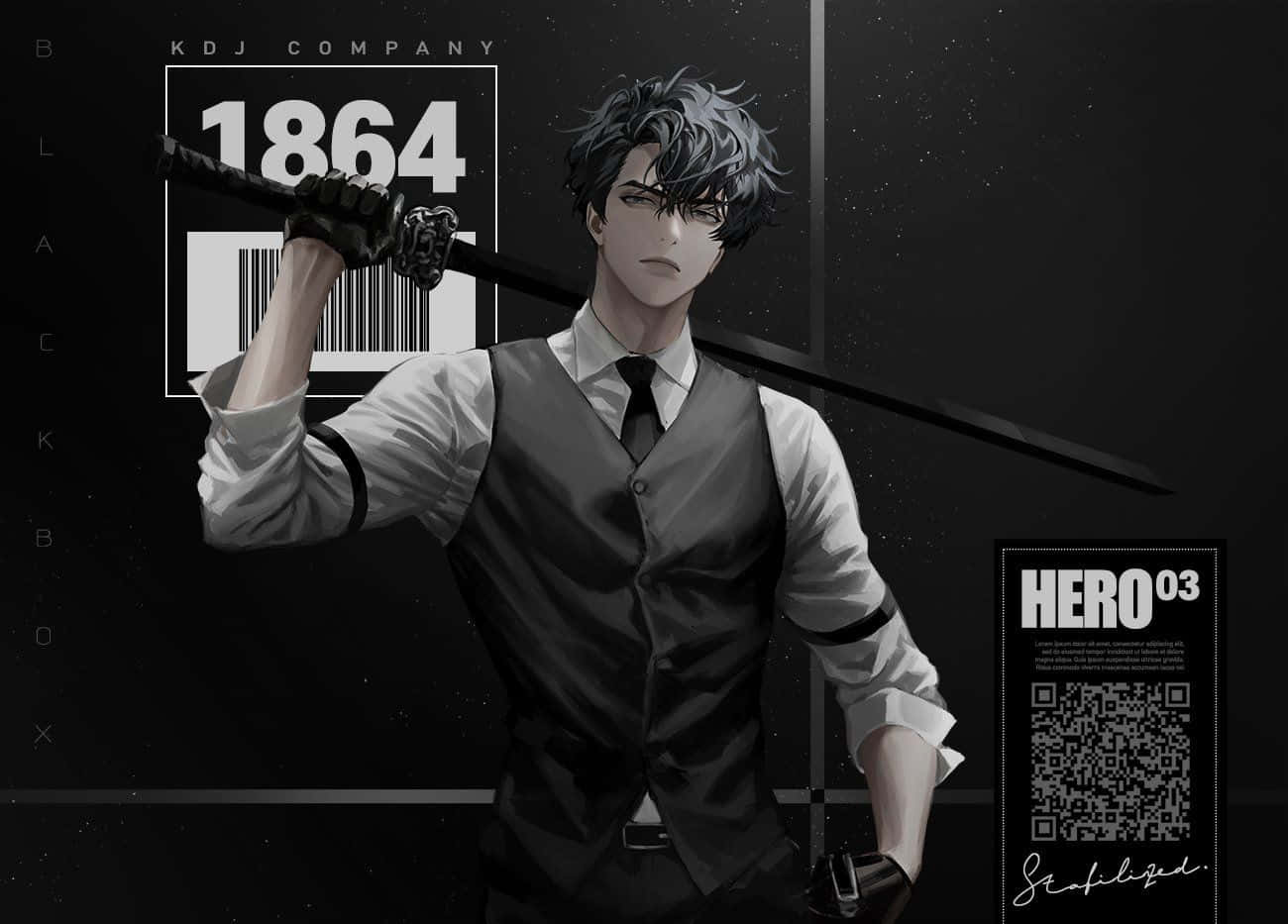 動漫英雄穿著背心，手持劍，帶有「1864」和「HERO03」文字元素。