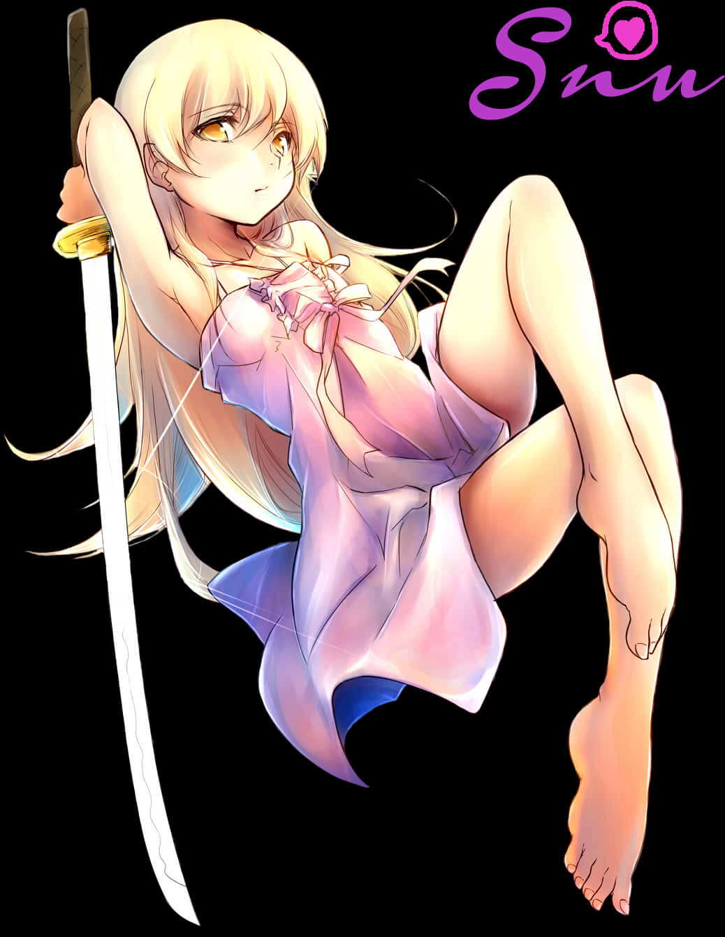 持劍動漫角色辛努 壁紙 — 一個金髮動漫女孩穿著飄逸的粉紅色連衣裙，在黑色背景上拿著武士刀，背景有紫色文字。