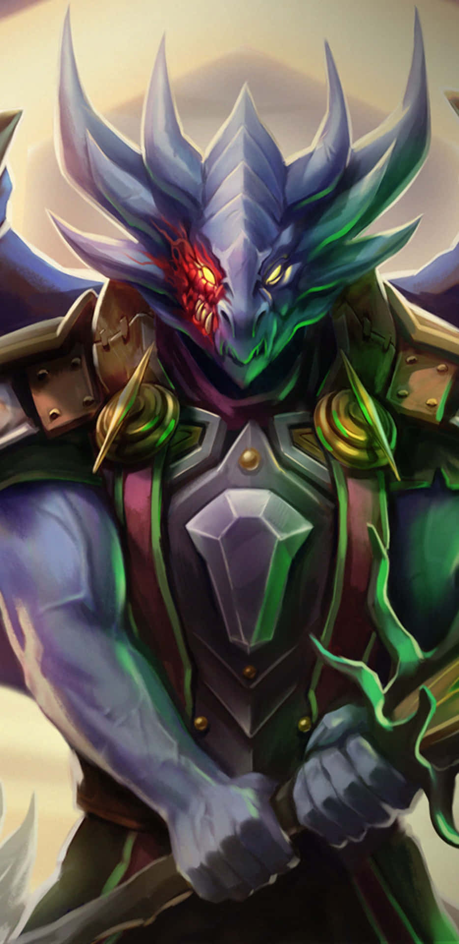 奇幻戰士龍，眼睛發光，身穿華麗盔甲，以英雄姿態站立。