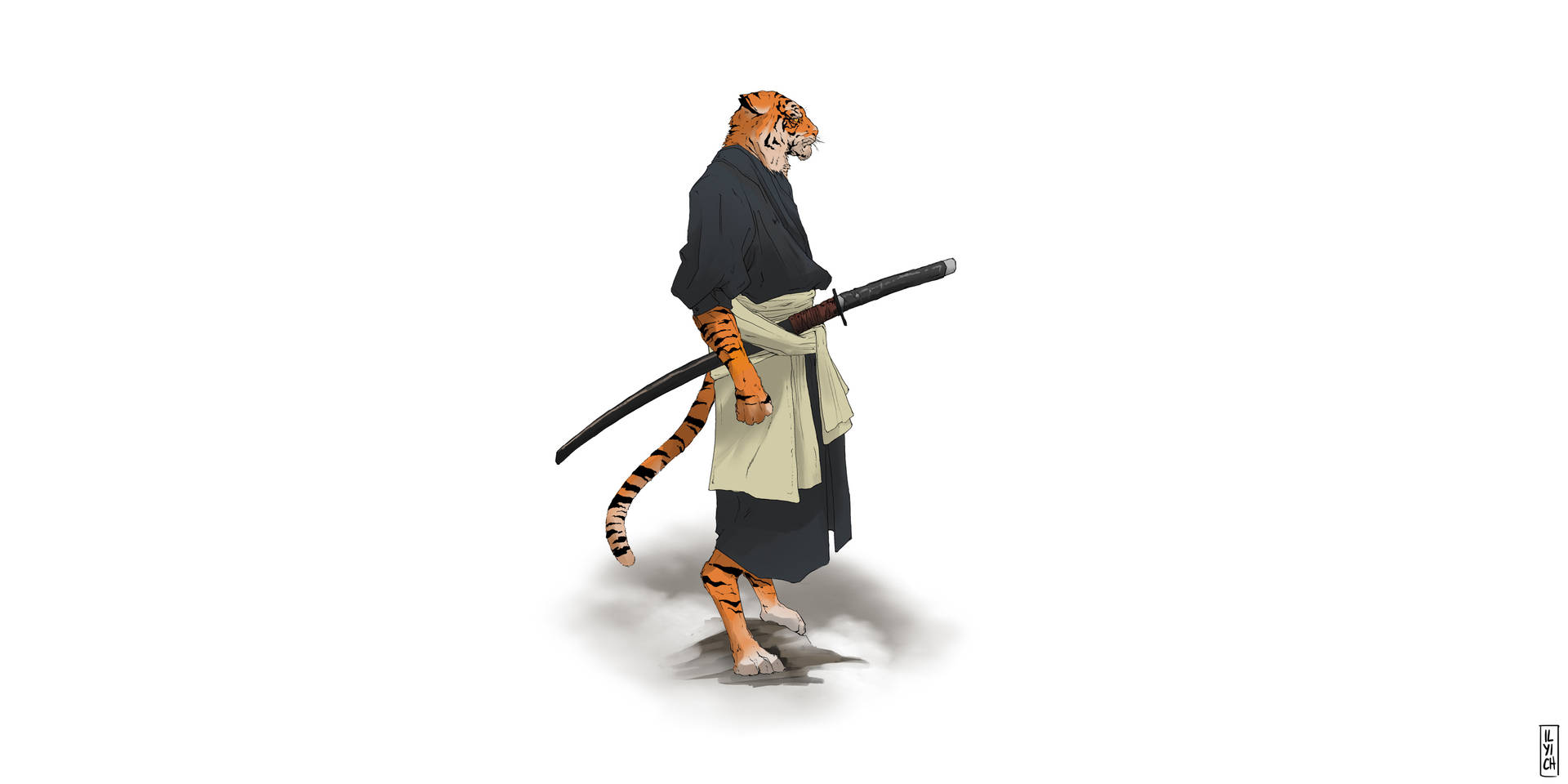 老虎武士穿著黑色和服，手持武士刀，白色背景