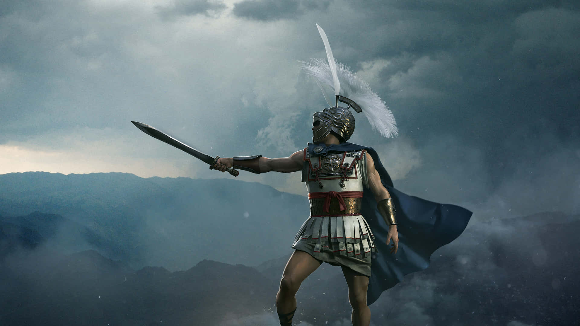 全副武裝的羅馬士兵在霧山上手持劍，暴風雨天空下