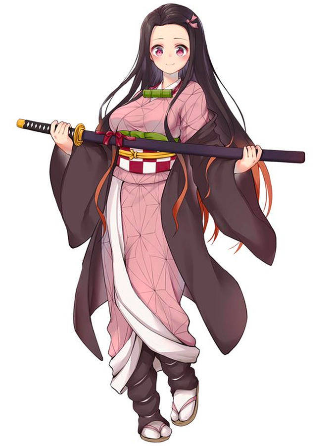 持劍的鬼滅之刃禰豆子 壁紙 — 長黑髮粉紅眼動漫少女，身穿粉紅和棕色和服，手持武士刀，背景為白色。