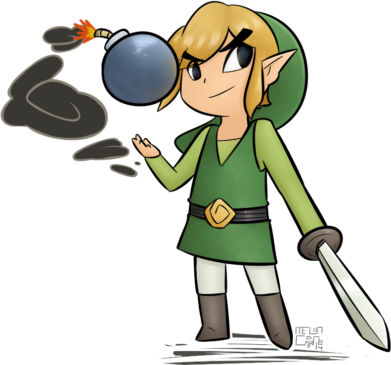 持劍與炸彈的精靈英雄 壁紙 — Chibi Link 身穿綠色束腰外衣，手持冒煙炸彈，露出得意的笑容，同時揮劍，背景為黑色。