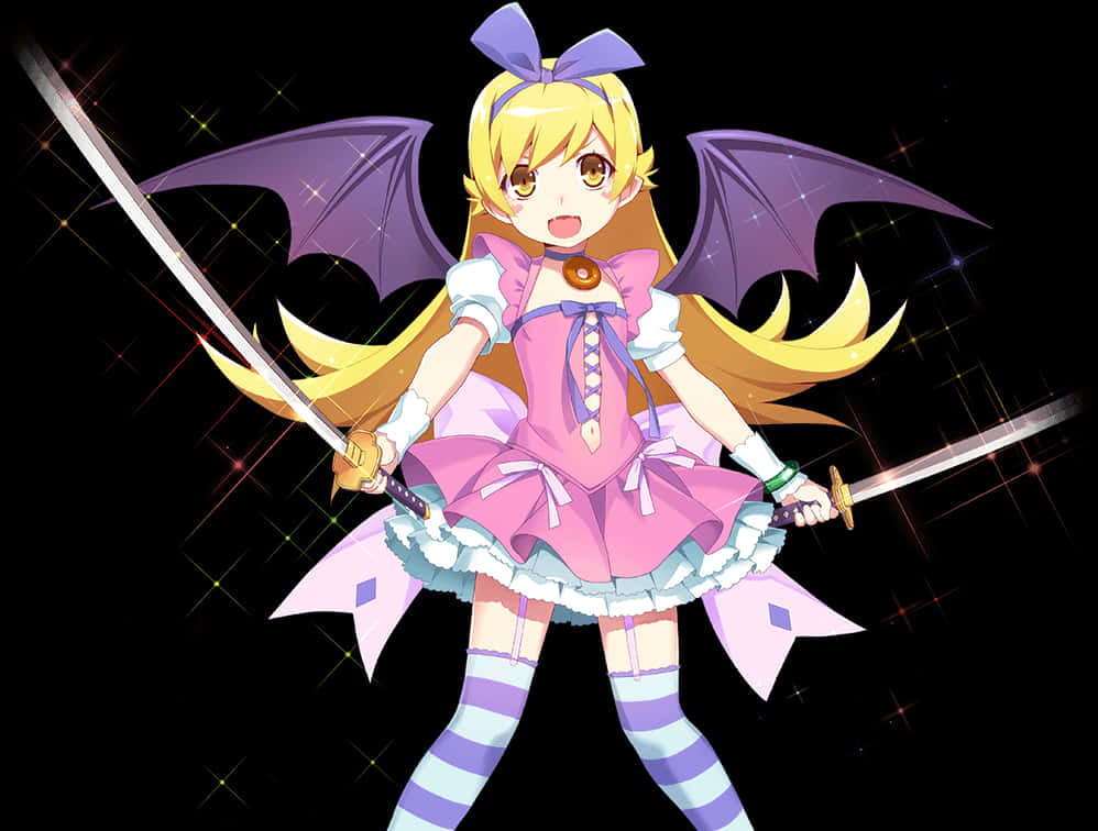 持劍魔法少女 壁紙 — 一個開心的動漫女孩，擁有蝙蝠翅膀和雙劍，站在閃爍的黑色背景前。