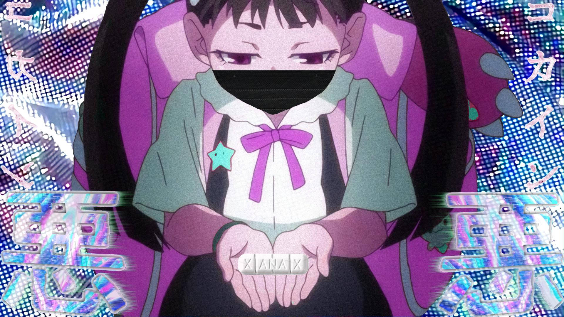 穿著校服的動漫女孩在故障效果背景中手持代幣。