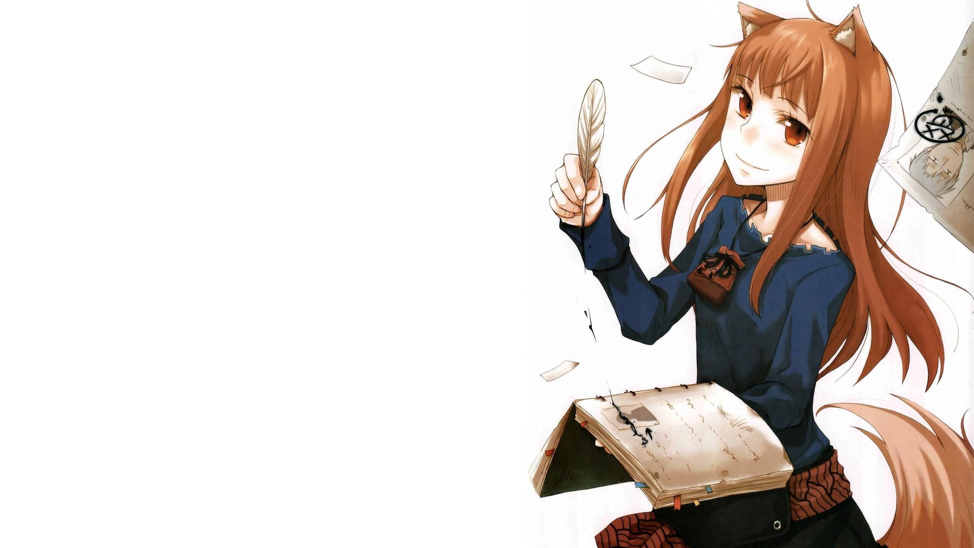 動漫狐狸女孩用羽毛筆在打開的書上寫字。